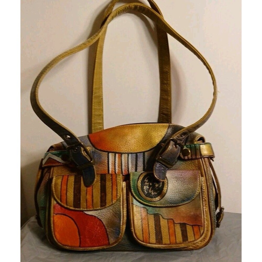 Anuschka Handpainted Leather Buckle Shoulder Bag Southwest- Colors Unique Beauti